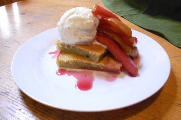 Cardamom Olive Oil Cake with Rose-Poached Pears and Pistachio Gelato